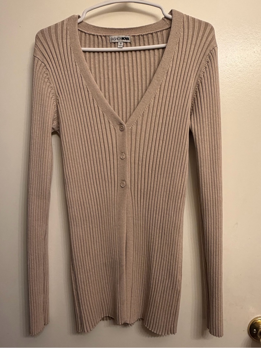 Fashion Nova Beige Ribbed V-Neck Button-Up Cardigan